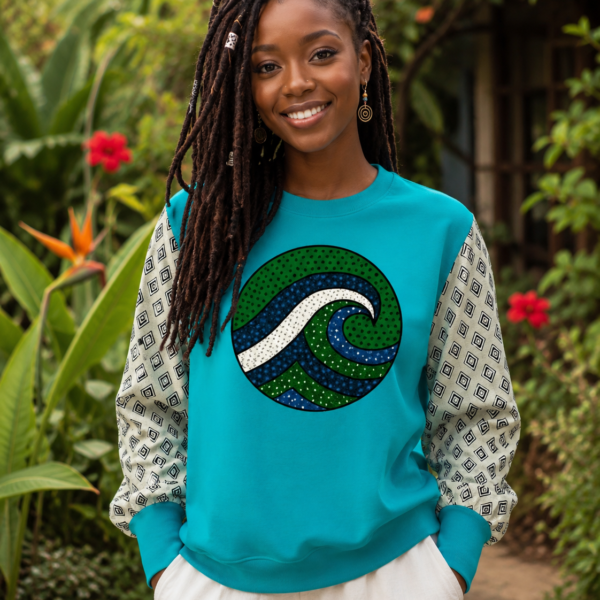 Blue Ocean Wave Ankara Cotton T-Shirt - Diamond Print Sleeves
