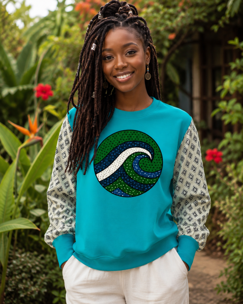 Blue Ocean Wave Ankara Cotton T-Shirt - Diamond Print Sleeves