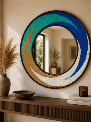 25-Inch blue, green and white ocean wave beaded mirror