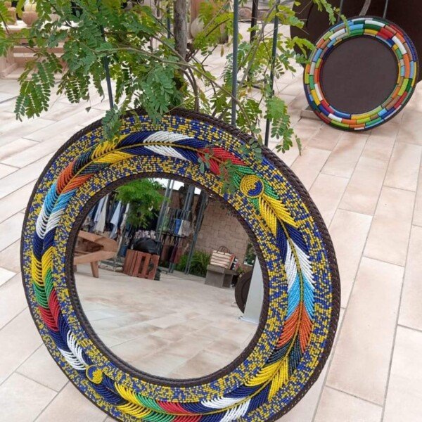 Multicolor Braided Beaded Round Mirror