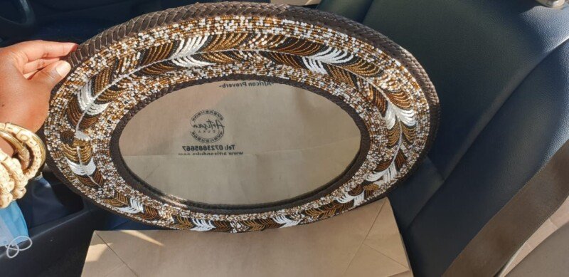 Leaf Design Beaded Mirror in Earth Tones