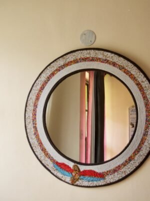 White Maasai Beaded Round Wall Mirror with Feather Design