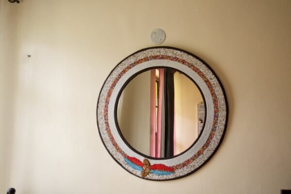 White Maasai Beaded Round Wall Mirror with Feather Design
