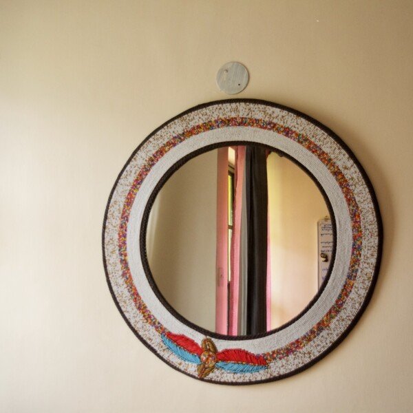White Maasai Beaded Round Wall Mirror with Feather Design