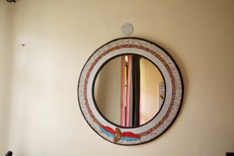 White Maasai Beaded Round Wall Mirror with Feather Design