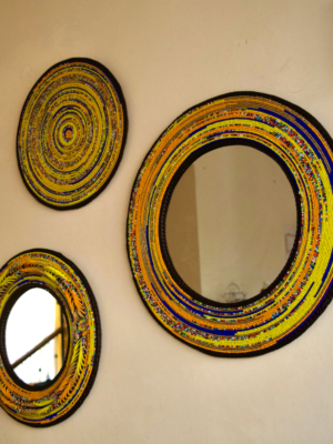 Set of 2 Yellow Beaded Mirrors and Mat