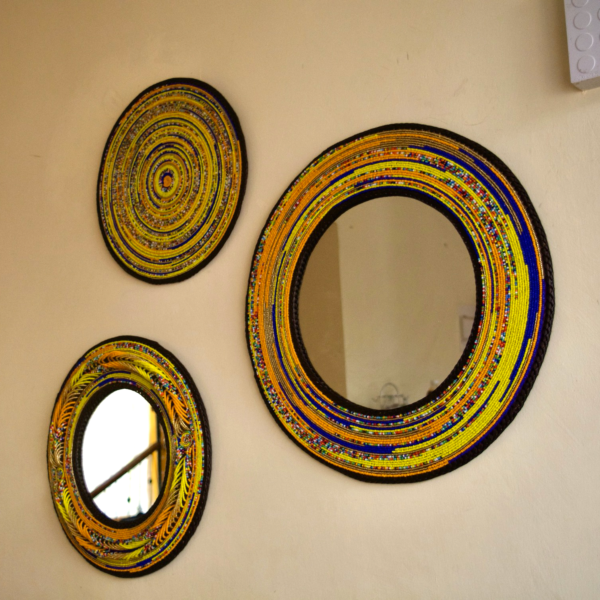 Set of 2 Yellow Beaded Mirrors and Mat