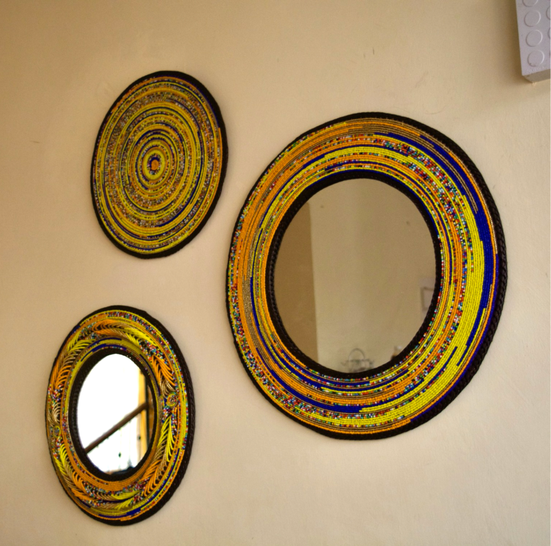 Set of 2 Yellow Beaded Mirrors and Mat Set of 2 Yellow Beaded Mirrors and Mat