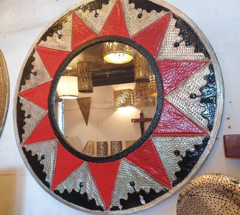 Crimson Harmony Beaded Mirror
