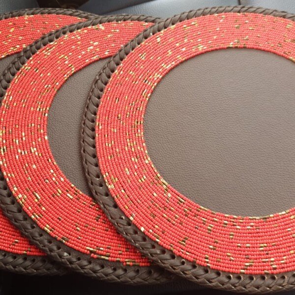 Crimson Flame Half-Beaded Maasai Placemat