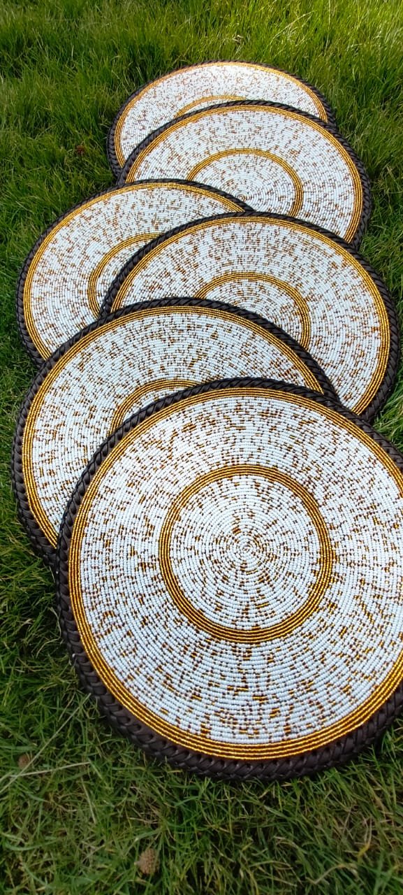 Gold Dust White Maasai Heritage Beaded Placemat Gold Dust White Maasai Beaded Placemat