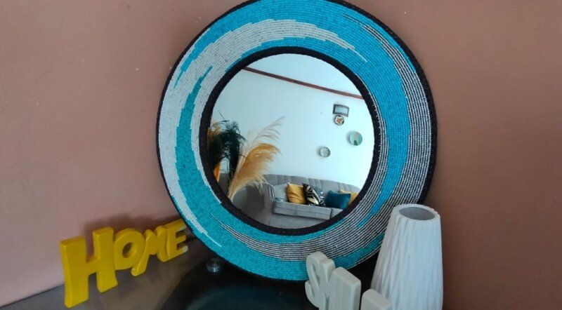 White and Blue Ocean Wave Beaded Mirror