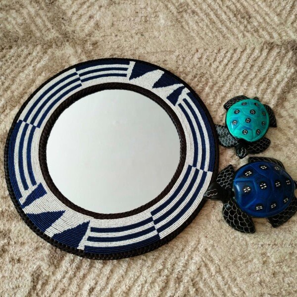 Midnight Geometry Beaded Round Mirror