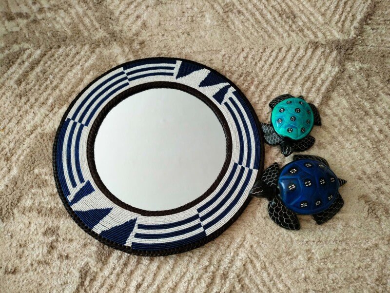 Midnight Geometry Beaded Round Mirror