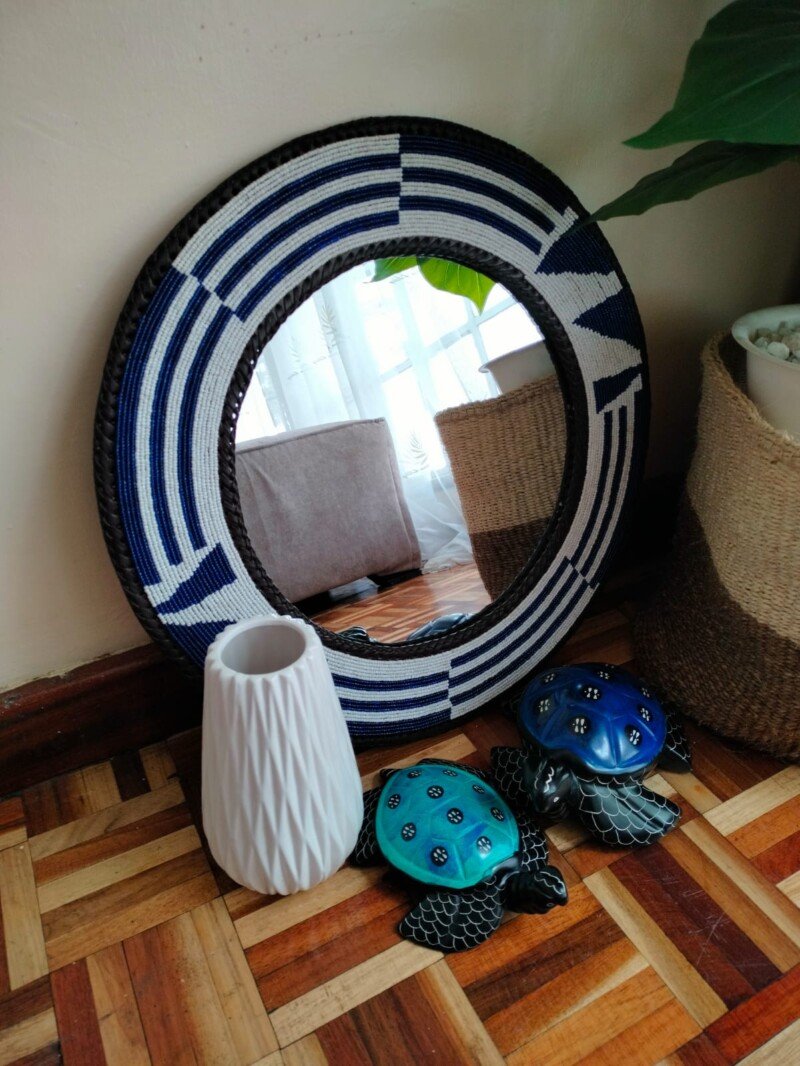 Midnight Geometry Beaded Round Mirror