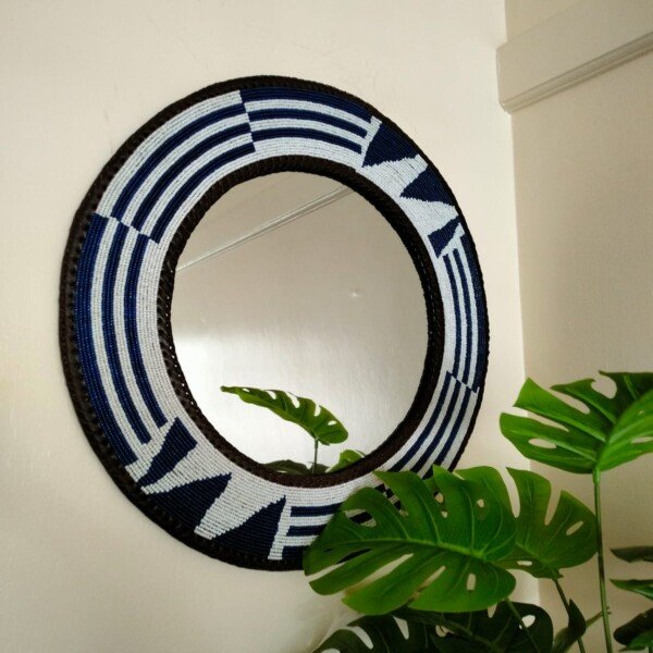 Midnight Geometry Beaded Round Mirror
