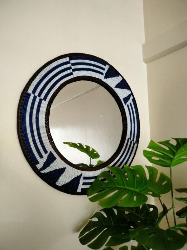 Midnight Geometry Beaded Round Mirror