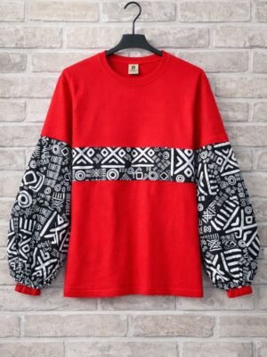 Red Ankara Accent Long-Sleeve Cotton T-Shirt for Women Red & White Ankara Pattern Long Sleeve Cotton T-Shirt