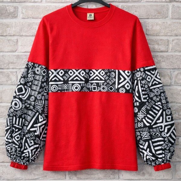 Red Ankara Long-Sleeve Cotton T-Shirt for Women