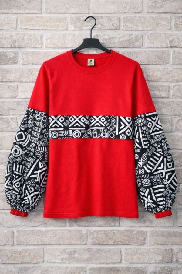 Red & White Ankara Pattern Long Sleeve Cotton T-Shirt