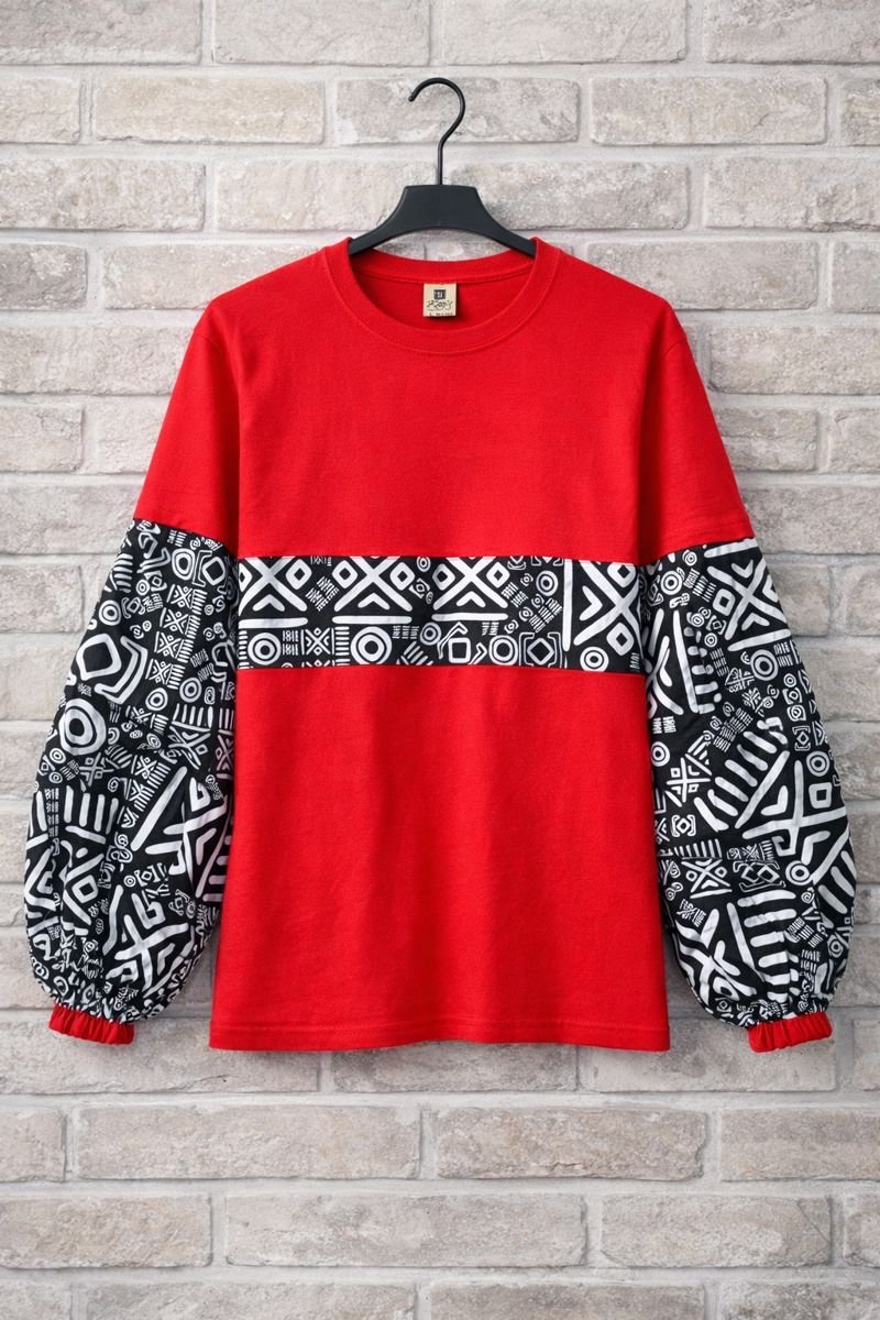 Red Ankara Accent Long-Sleeve Cotton T-Shirt for Women Red & White Ankara Pattern Long Sleeve Cotton T-Shirt
