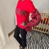 Red Ankara Pattern Long Sleeve Cotton T-Shirt - Women