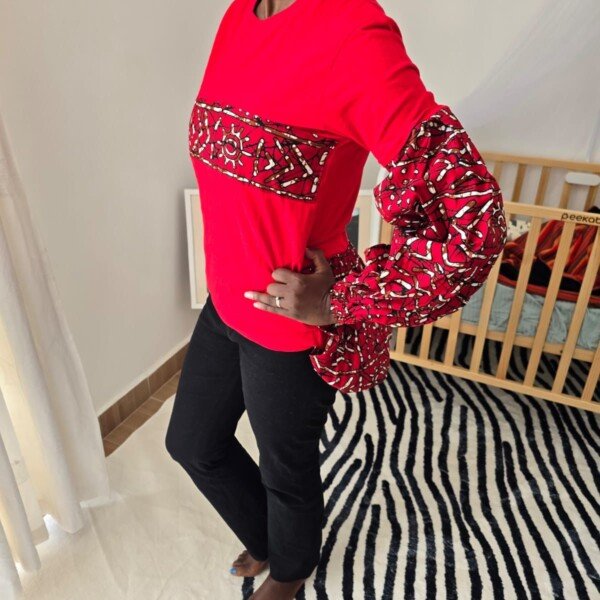 Red Ankara Pattern Long Sleeve Cotton T-Shirt - Women