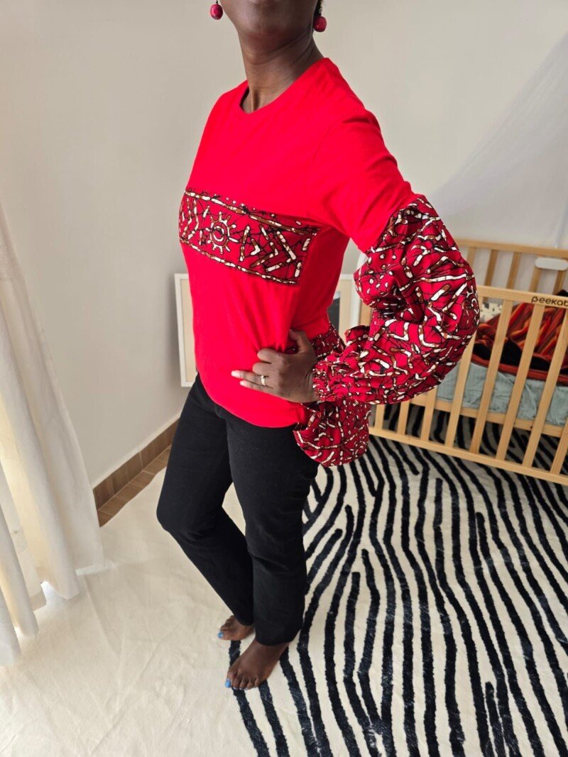 Red Ankara Pattern Long Sleeve Cotton T-Shirt - Women
