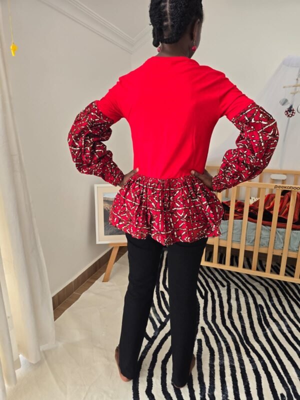 Red Ankara Pattern Long Sleeve Cotton T-Shirt - Women