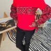 Red Ankara Pattern Long Sleeve Cotton T-Shirt - Women