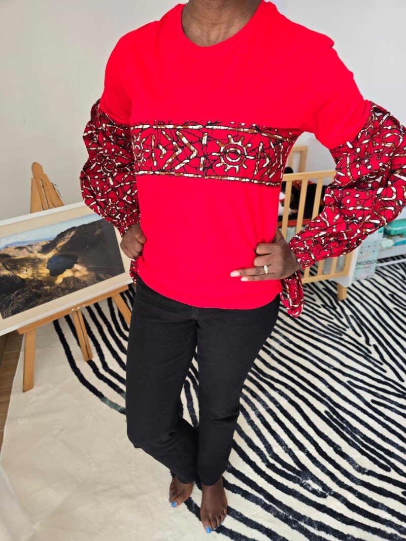 Red Ankara Pattern Long Sleeve Cotton T-Shirt - Women