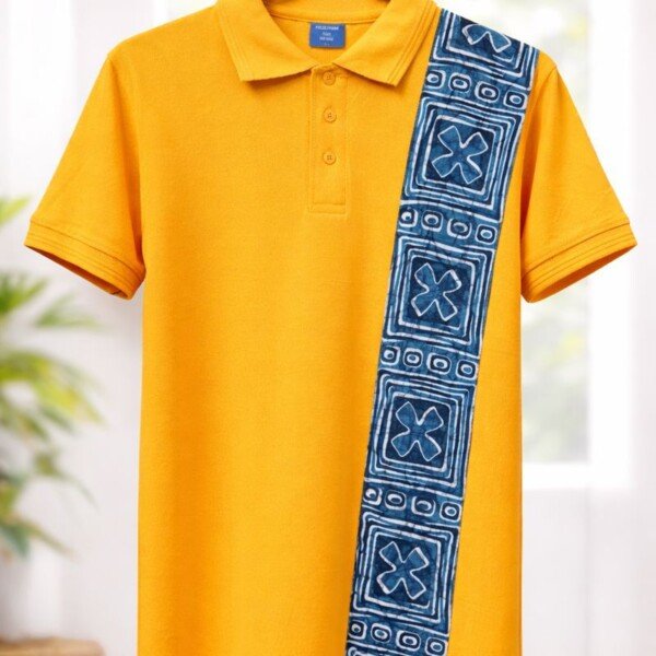 Yellow Polo Shirt with Ankara Strip