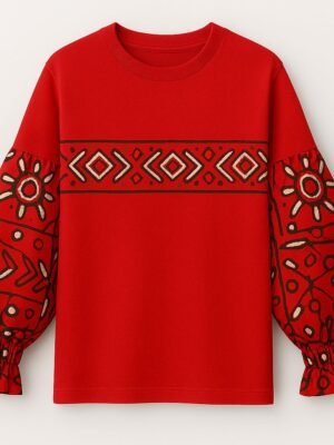 Vibrant Red Ankara Print Cotton T-Shirt - Long Sleeve