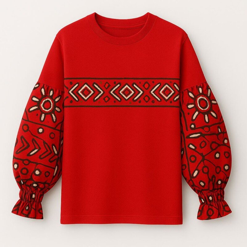 Vibrant Red Ankara Print Cotton T-Shirt - Long Sleeve