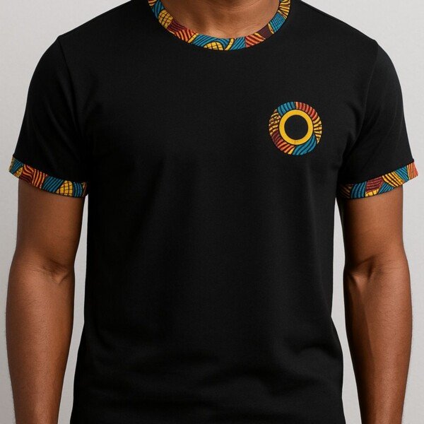 Black Cotton T-Shirt with Ankara Print Borders