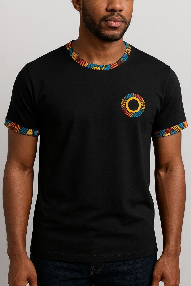 Black Cotton T-Shirt with Ankara Print Borders