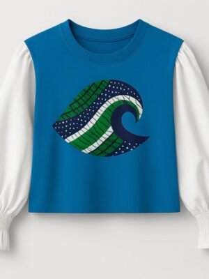 Blue Ocean Wave Cotton T-Shirt - White Long Sleeve Arms