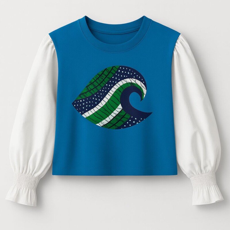 Blue Ocean Wave Cotton T-Shirt - White Long Sleeve Arms