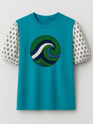 Blue Ocean Wave Ankara Cotton T-Shirt - Diamond Print Sleeves (Short Sleeve)