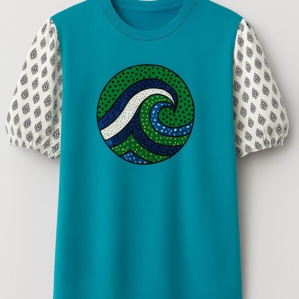 Blue Ocean Wave Ankara Cotton T-Shirt - Diamond Print Sleeves (Short Sleeve)