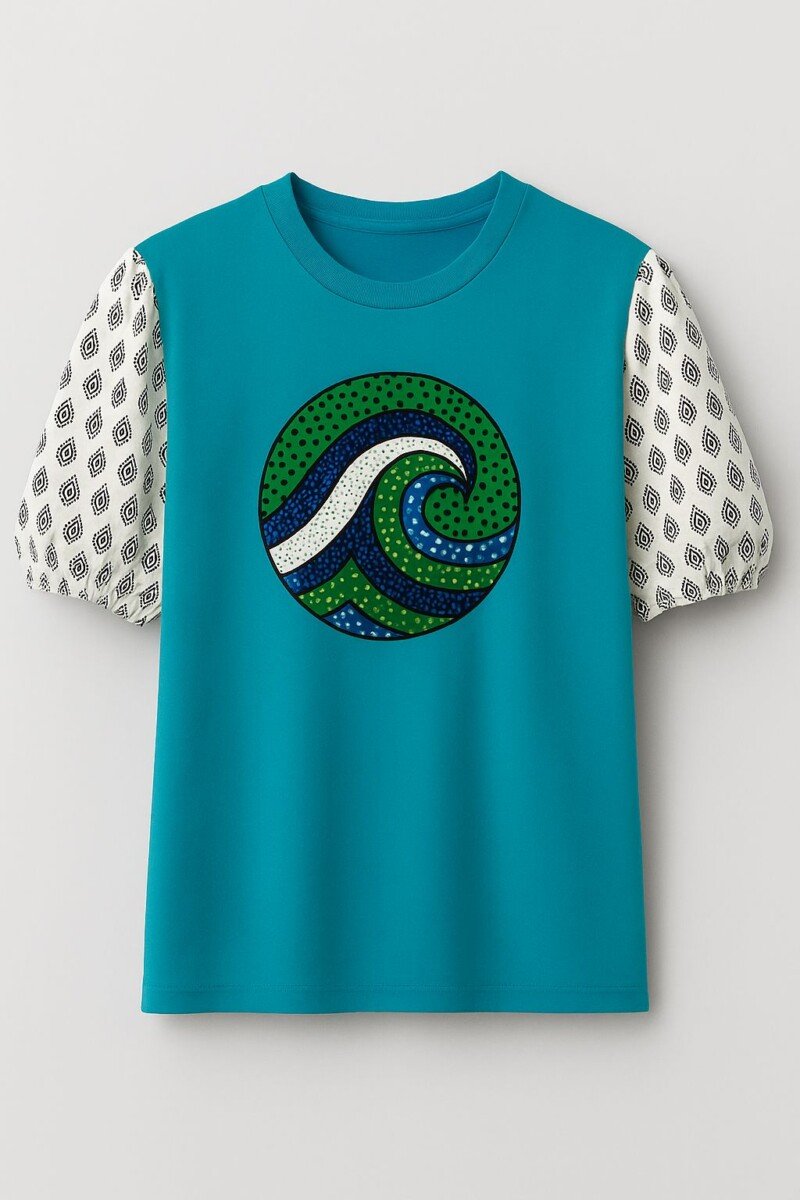 Blue Ocean Wave Ankara Cotton T-Shirt - Diamond Print Sleeves (Short Sleeve) Blue Ocean Wave Ankara Cotton T-Shirt - Diamond Print Sleeves (Short Sleeve)