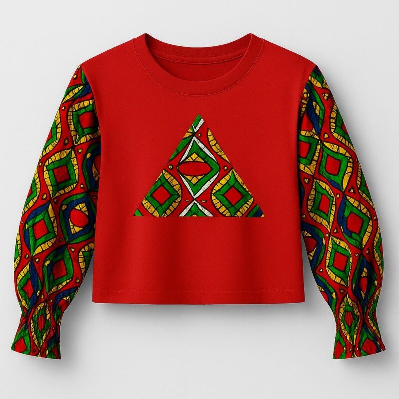 Red Ankara Print Cotton T-Shirt - Long Sleeve