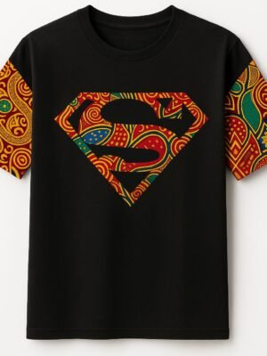 Superman Ankara Print Black Cotton T-Shirt Superman Ankara Print Black Cotton T-Shirt