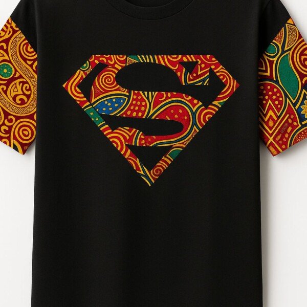 Superman Ankara Print Black Cotton T-Shirt