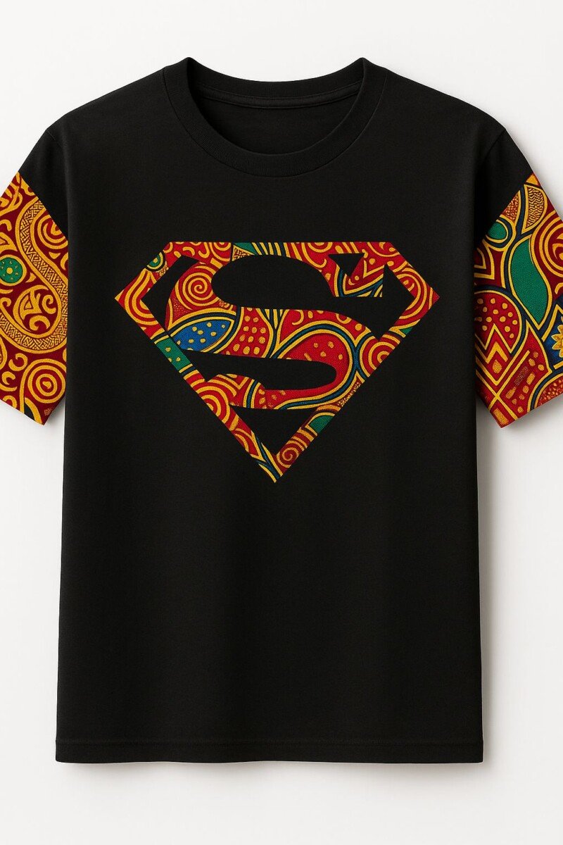 Superman Ankara Print Black Cotton T-Shirt