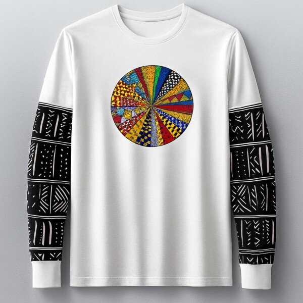 Comfortable White Cotton T-Shirt - Black Print Sleeves (Long Sleeve)