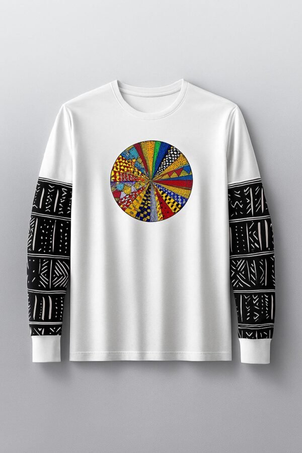 Comfortable White Cotton T-Shirt - Black Print Sleeves (Long Sleeve)