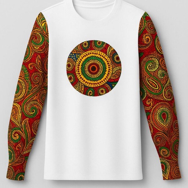 Multicolored Print White Cotton T-Shirt - Long Sleeve