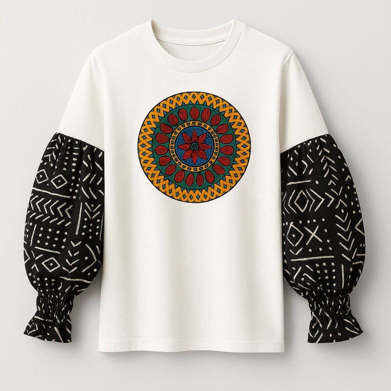 Black & White Ankara Cotton T-Shirt - Long Sleeve