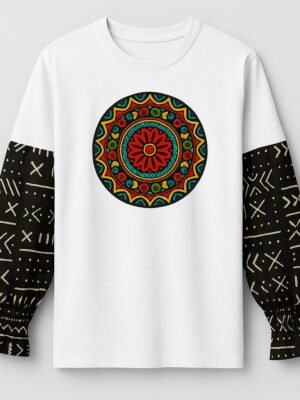 Black & White Ankara Print Cotton T-Shirt - Long Sleeve